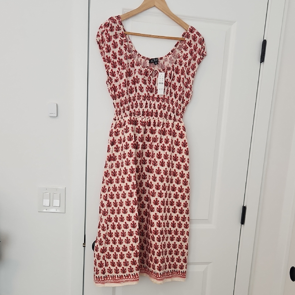 J. Crew Red and Cream Patterned Linen Midi Dress